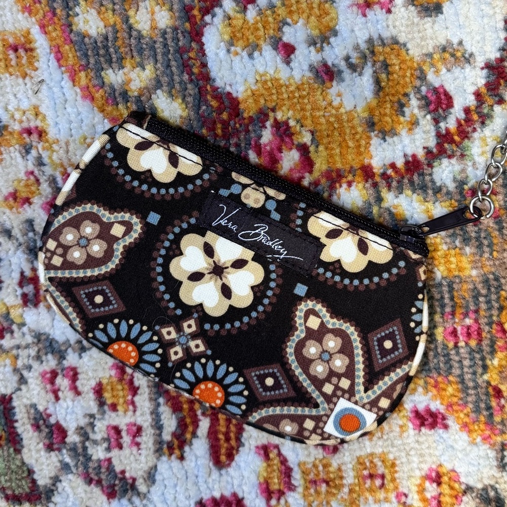 Y2K Vera Bradley Dark Brown Blue Orange & Cream Paisley Keychain Wristlet Wallet